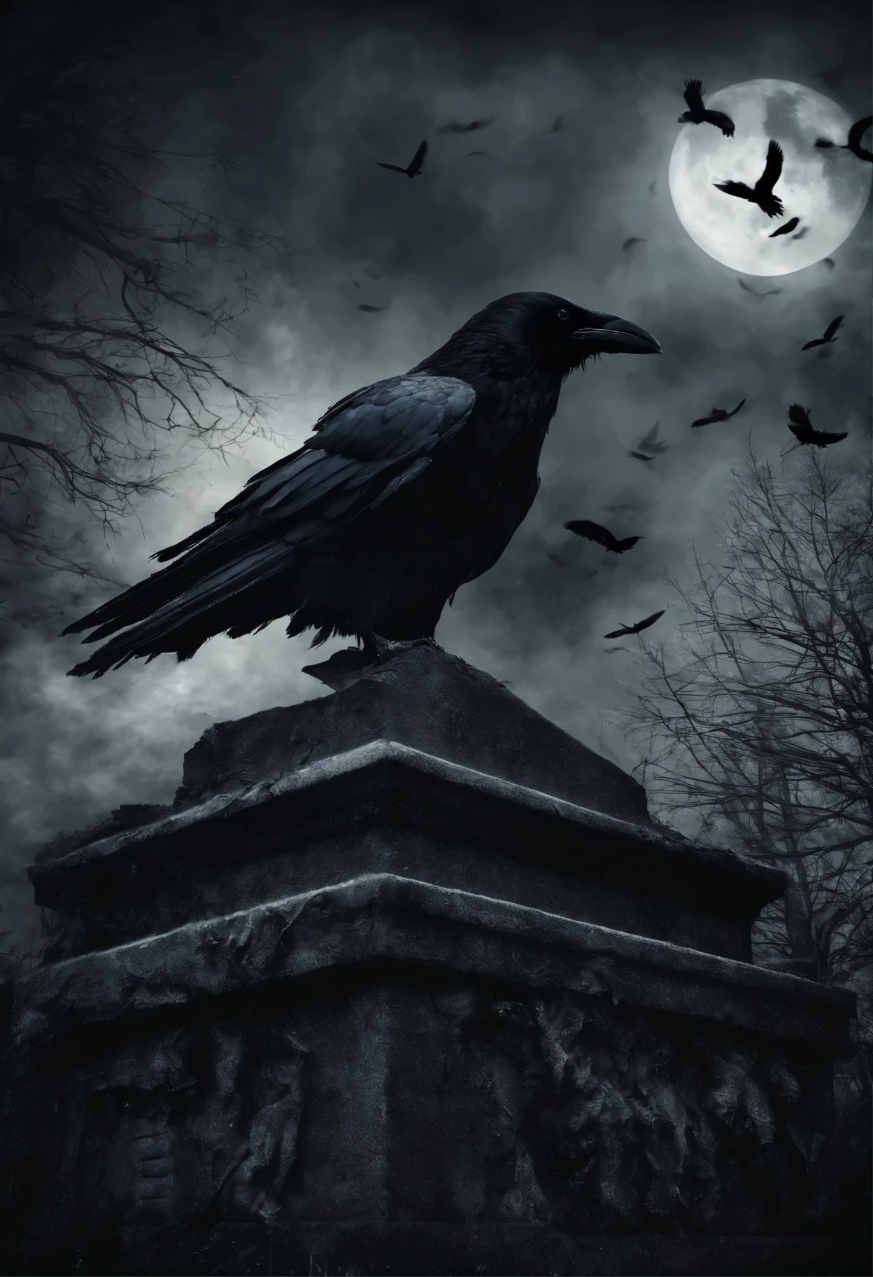 Midnight graveyard, foreground focus on a black crow, detailed feather texture, intense stare, eerie atmosphere, multiple crows fluttering in the background, moonlit tombstones, decaying leaves, silent night, misty air, dark shadows, mysterious ghastly scene