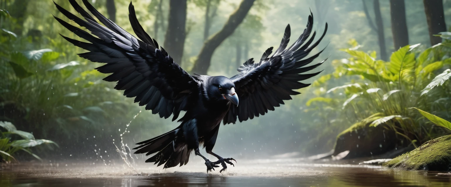 #quality(8k wallpaper of extremely detailed CG unit, ​masterpiece, hight resolution, top-quality, top-quality real texture skin,hyper realisitic, digitial painting,increase the resolution,RAW photos，best qualtiy,highly detailed,the wallpaper),BREAK,#crow head(full body,bathe,beautiful black feathers,shiny feathers,head close up shot,feather repelling water),#background(,in beautiful forest,dappled sunlight,raining),(head close up shot:2.0)