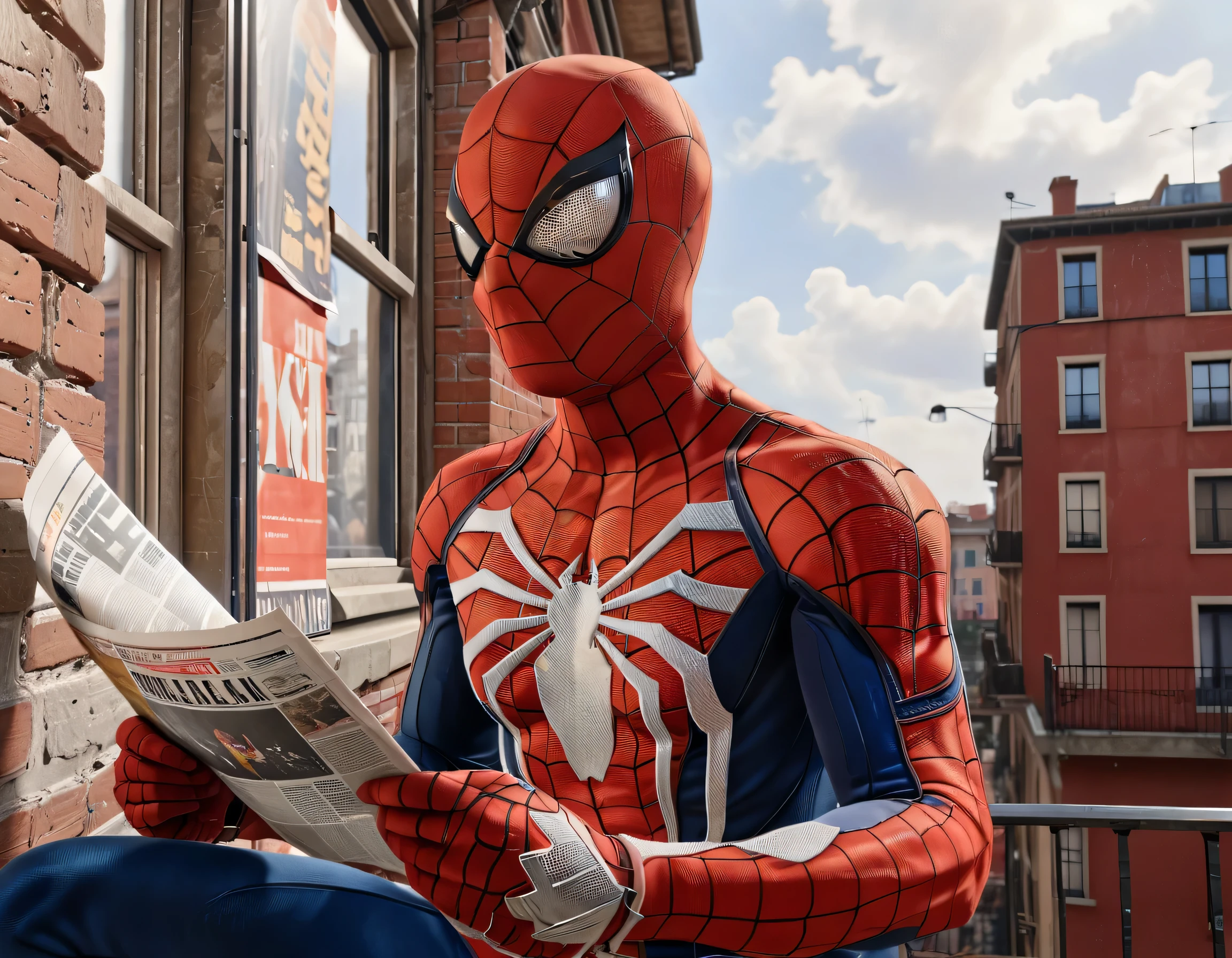 (best quality,4k,highres,masterpiece:1.2),ultra-detailed,(realistic:1.37),1boy,red bodysuit,solo,sitting in a balcony,viewed from behind,upper body,looking away from viewer,reading newspaper,mask,spider web print