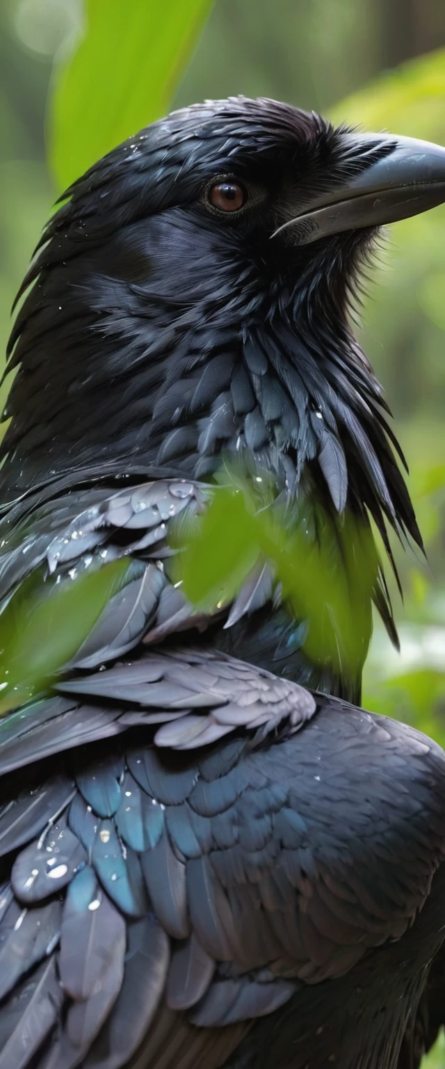 #quality(8k wallpaper of extremely detailed CG unit, ​masterpiece, hight resolution, top-quality, top-quality real texture skin,hyper realisitic, digitial painting,increase the resolution,RAW photos，best qualtiy,highly detailed,the wallpaper),BREAK,#crow head(full body,bathe,beautiful black feathers,shiny feathers,head close up shot,feather repelling water),#background(,in beautiful forest,dappled sunlight,raining),(head close up shot:2.0)