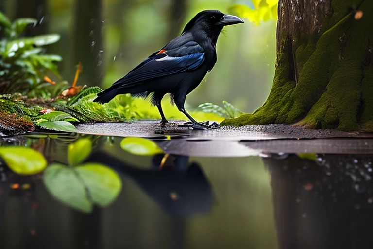 #quality(8k wallpaper of extremely detailed CG unit, ​masterpiece, hight resolution, top-quality, top-quality real texture skin,hyper realisitic, digitial painting,increase the resolution,RAW photos，best qualtiy,highly detailed,the wallpaper),BREAK,#crow head(full body,bathe,beautiful black feathers,shiny feathers,head close up shot,feather repelling water),#background(,in beautiful forest,dappled sunlight,raining),(head close up shot:2.0)