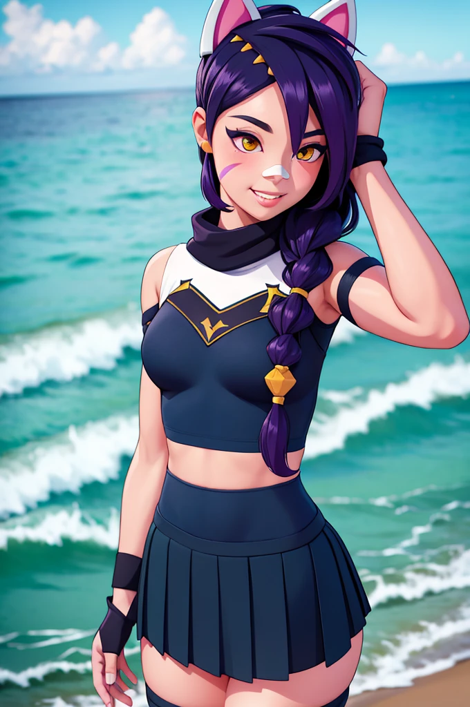 1girl, solo, long hair, looking at viewer, black hair, bandaid on face, yellow eyes, animal ears, smile, bandaid on nose, braid, cat ears, bandaid, ,bodysuit, gloves, teeth, scarf, blush, hair ornament, purple hair, fingerless gloves, facial mark, orange eyes, holding, jewelry, hand up, blurry, ocean view, beach, background, seductive, realistic, highly detailed face, detailed eyes, best quality, masterpiece, ultra detail, ultra high res, extreme detail, 8k, uhd, perfect face, (sexy pose), perfect face, standing, hand on hip, erisa, mouth closed, cheerleader outfit, skirt, short skirt, crop top, tight outfit, erisa