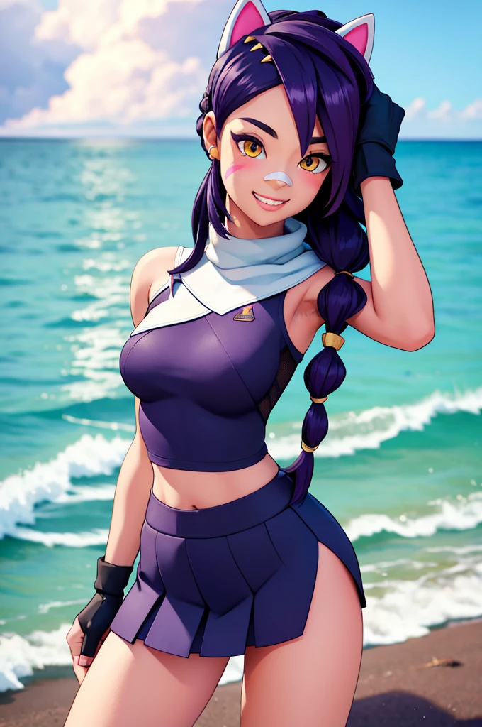 1girl, solo, long hair, looking at viewer, black hair, bandaid on face, yellow eyes, animal ears, smile, bandaid on nose, braid, cat ears, bandaid, ,bodysuit, gloves, teeth, scarf, blush, hair ornament, purple hair, fingerless gloves, facial mark, orange eyes, holding, jewelry, hand up, blurry, ocean view, beach, background, seductive, realistic, highly detailed face, detailed eyes, best quality, masterpiece, ultra detail, ultra high res, extreme detail, 8k, uhd, perfect face, (sexy pose), perfect face, standing, hand on hip, erisa, mouth closed, cheerleader outfit, skirt, short skirt, crop top, tight outfit, erisa