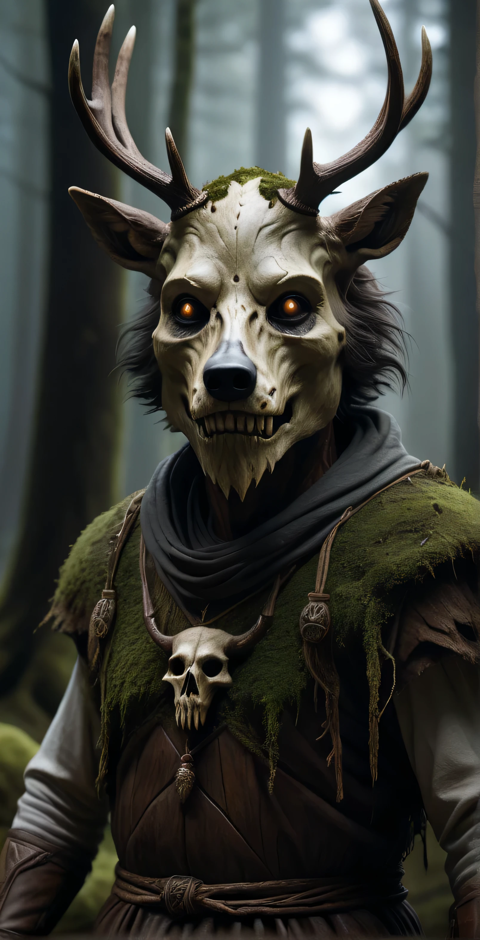 whole body portrait of scary monster made of wood, Le Shen, Deer skull as face, moss, Clothes made of human skin, Wolf as, Dark mysterious forest scenery , fantasy, dark fantasy , medieval, whole body , cinematic, make it , 8K, Unreal Engine, actual, masterpiece, high detail, whole body , science fiction, Low life, Volumetric lighting