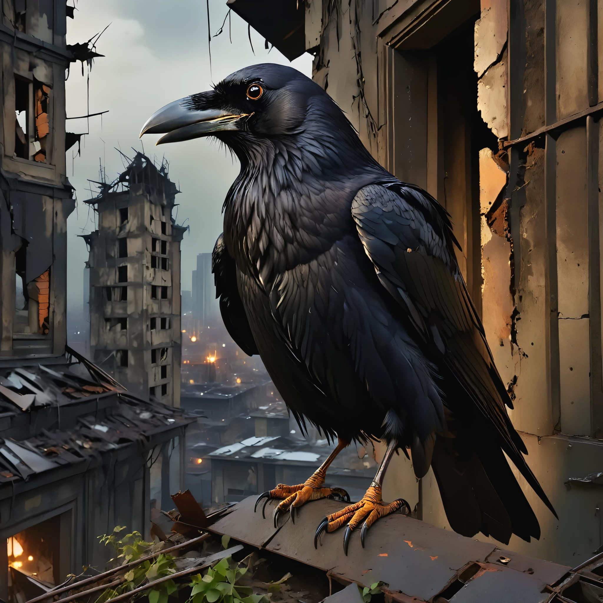 A three legged crow with golden eyes,solo, angle of views,crow ,flying crow, crying crow, close-up, pov , straight-on,winter, dark, dusk,cracked  broken walls, an abandoned old rusty buildings, an overgrown , frame weathered and worn, detailed,futuristic city environment, post-apocalyptic