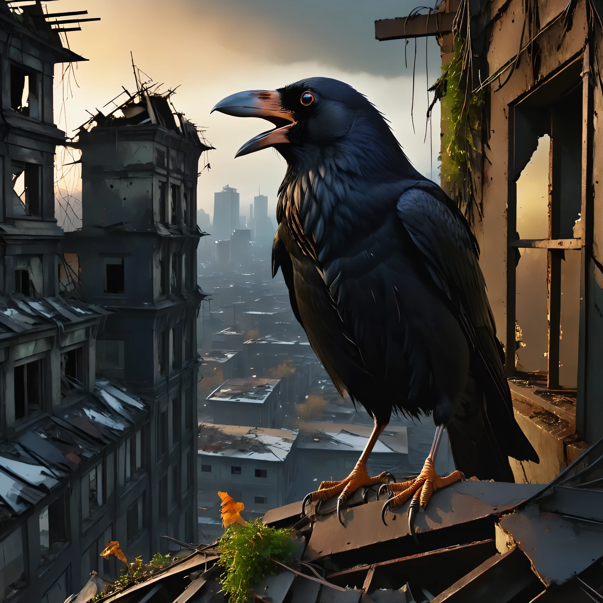 A three legged crow with golden eyes,solo, angle of views,crow ,flying crow, crying crow, close-up, pov , straight-on,winter, dark, dusk,cracked  broken walls, an abandoned old rusty buildings, an overgrown , frame weathered and worn, detailed,futuristic city environment, post-apocalyptic