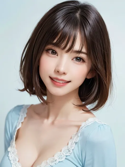 (software:1.8、masterpiece, highest quality),1 girl, alone, have, realistic, realistic, looking at the viewer, light brown eyes, Brunette short bob hair with highly detailed shiny hair, short hair:1.8、Beautiful face in symmetry、spring clothes:1.6, Whity, li...
