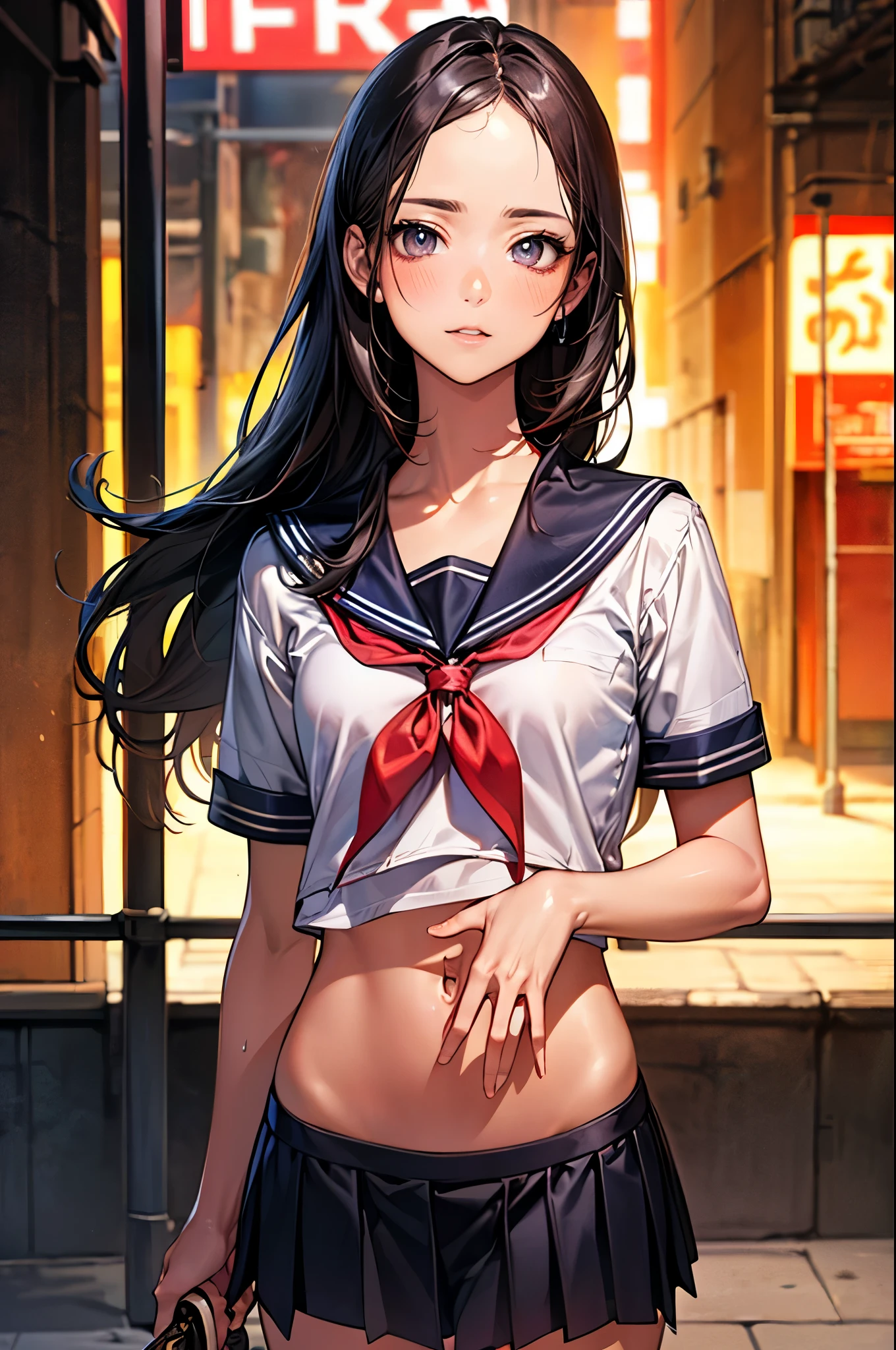 Anime girl in uniform standing in front of a store - SeaArt AI