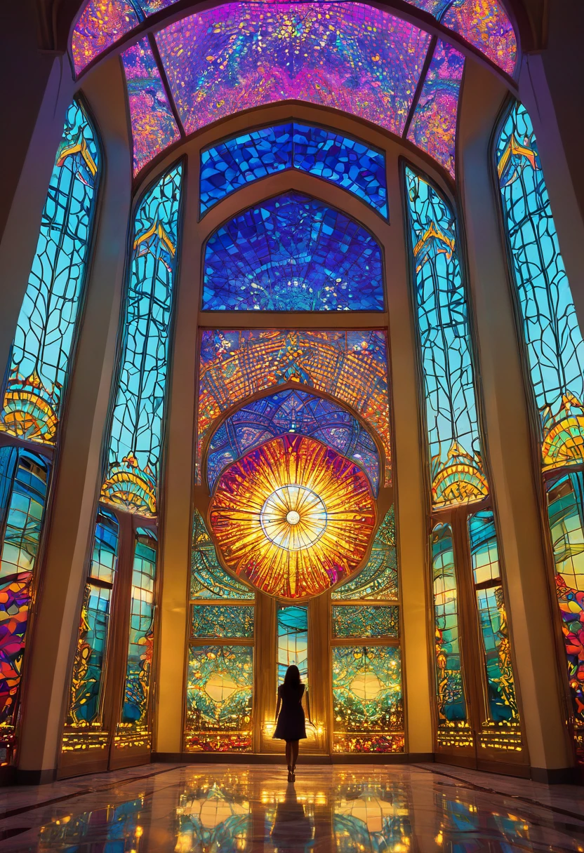 (masterpiece, top quality, Best quality,official art, beautiful and aesthetically pleasing:1.2),(1 girl:1.3), 1 girl BREAK stained glass art, colored glass, leading lines, light transmission BREAK bright colors, complex designs, lighting effects, Spiritual atmosphere