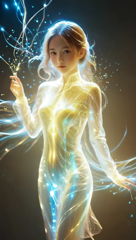 bailing_particles,Lines of light,Particles of Light,A girl made of particles,The density of lines at the finger part is high,bai...