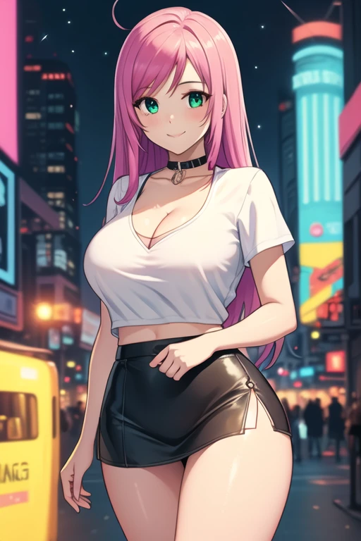 1 girl, 19 years old, Long pink hair, green eyes with slit pupils, master-piece, best quality, (standing up), (white crop blouse), (tight short sleeve white crop blouse, black pencil mini skirt, cleavage),  (Big , ultra gigantic , Super super big, Glamorous body), Make eye contact with the camera, front figure, looking forward, (light_Smile:1.5), (Detailed hands and fingers:1.2) (Cyberpunk City), (FULL BODYSHOT), thighs thighs thighs thighs、beauty legs、Bare legs