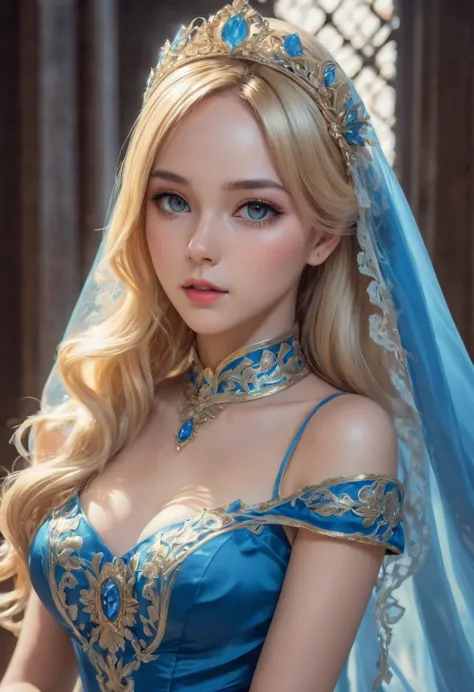 Blonde woman in a blue dress with a veil on her head, Beautiful fantasy girl, detailed fantasy art, beautiful fantasy art, blond...