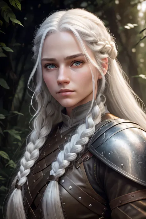 1 female ranger, long white hair, braided hair, grey eyes, eyes have the same color, average face, wearing leather armor, absurd...