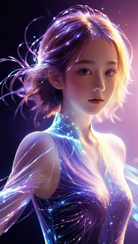 bailing_particles,Lines of light,Particles of Light,A girl made of particles,The density of lines at the finger part is high,bai...