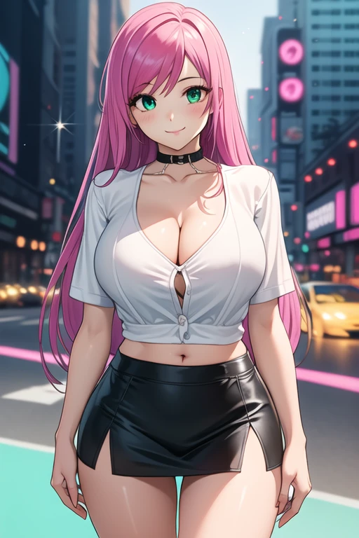 1 girl, 19 years old, Long pink hair, green eyes with slit pupils, master-piece, best quality, (standing up), (white buttoned crop blouse), (tight short sleeve white crop blouse, black pencil mini skirt, cleavage),  (Big , ultra gigantic , Super super big, Glamorous body), Make eye contact with the camera, front figure, looking forward, (light_Smile:1.5), (Detailed hands and fingers:1.2) (Cyberpunk City), (FULL BODYSHOT), thighs thighs thighs thighs、beauty legs、Bare legs