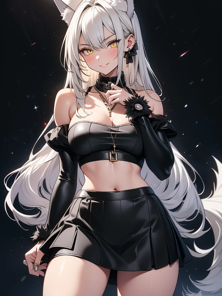 8K, Full body portrait, tall girl, single beautiful young woman, especially detailed face, masterpiece, wallpaper, highlydetailed face, ultra-detailed face, beautiful and aesthetic wolf tailed girl, athletic body, pale white skin, big breasts, curvy, busty, big ass, hourglass figure, long hair, gray-silver hair, a young cute wolf young woman, wolf ears, cute wolf tail, long wolf tail, fluffy wolf tail, wolf-like irises, beautiful, enchanting, bright yellow eyes, detailed eyes, ultra-detailed eyes, accurate eyes, detailed irises, correct body proportions, elegant, small vertical scar under right eye, small rosy lips, big breasts, slender elegant arms, pretty hands, detailed hands, charming, slight blush, shy smile, black edgpshorts with stylish metal chains and a black top, detached sleeves, light black armor, armored long bike shorts and skirt on top of them, two piece outfit, black armored fur cloack, black metal armor, silver metallic ornaments, bare off shoulders, toned abs, exposed belly, standing pose, cute pose, black thighigh on left leg, slight shy grin, sole girl