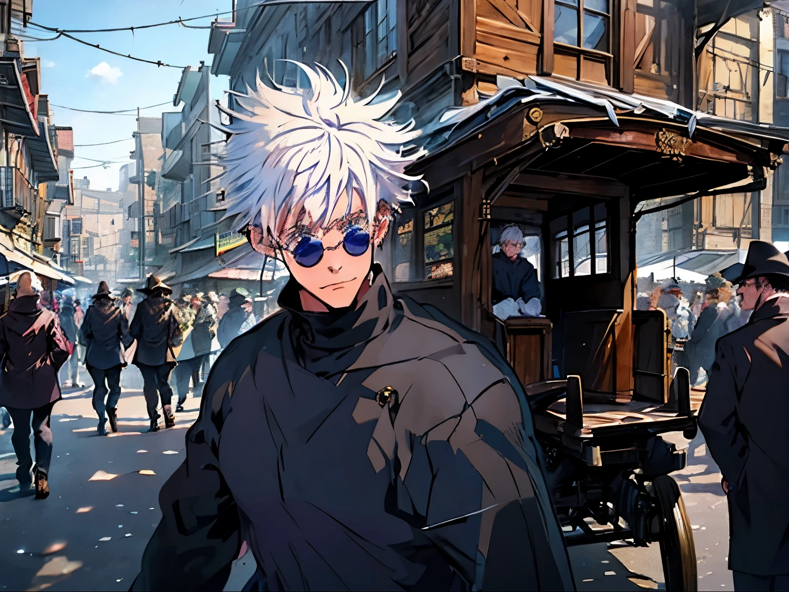 an anime boy in a crowded places, silver hair, hair on forehead, black glasses, handsome, vintage outfit, cowboy outfit, street shop, medieval village, vintage ,horse carts, crowded place, market, detailed background , brown scenery, medieval background, wooden shops, large background, detailed character