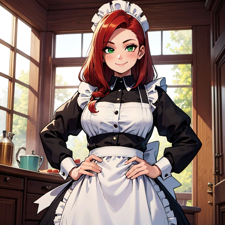 highest quality, masterpiece, alone, 1 girl,  smile,redhead, maid, maid apron, maid headdress, green eyes,