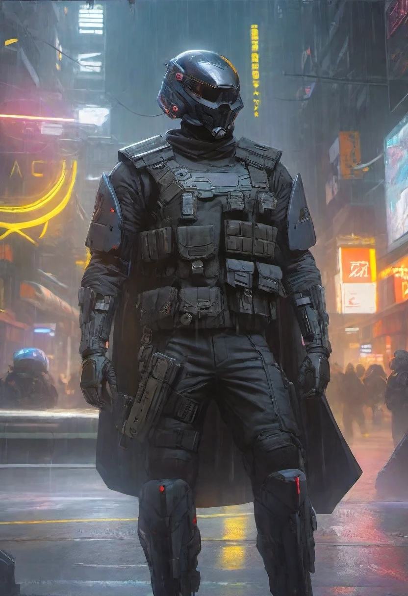  high-res, masterpiece, best quality,  Helmet with a tactical armour, Visor, Shoulder pads, Utility belt, Cyberpunk, futuristic, sharpness, cyberpunk city, insta pic, photo of the year, Tactical vest with ammo pouches, A black cape behind him flowing in the wind, Thigh gun holster,