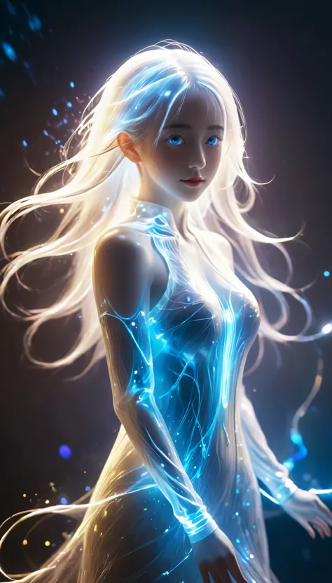 bailing_particles,bailing_lines,Lines of light,Particles of Light,A girl made of particles,white hair,halter_dress,1girl,bailing...