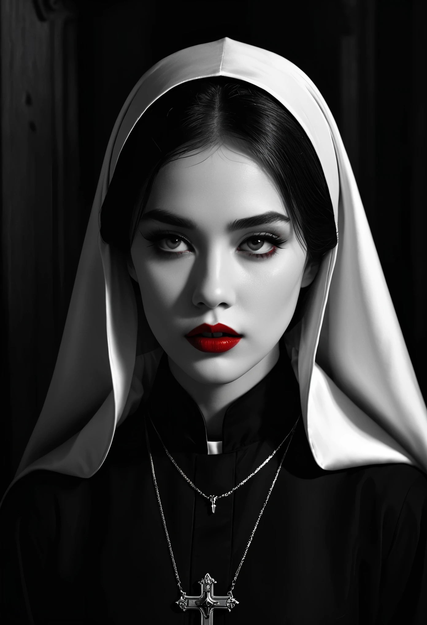 (masterpiece, top quality, 8k, best quality, official art, beautiful and aesthetic:1.2),  closed church, Sisters' robes, ,description of a nun, fear, Gothic, Red accent on black and white, red lips, 수녀뒤에 서있는 검은 devil 형상, devil, The Exorcist