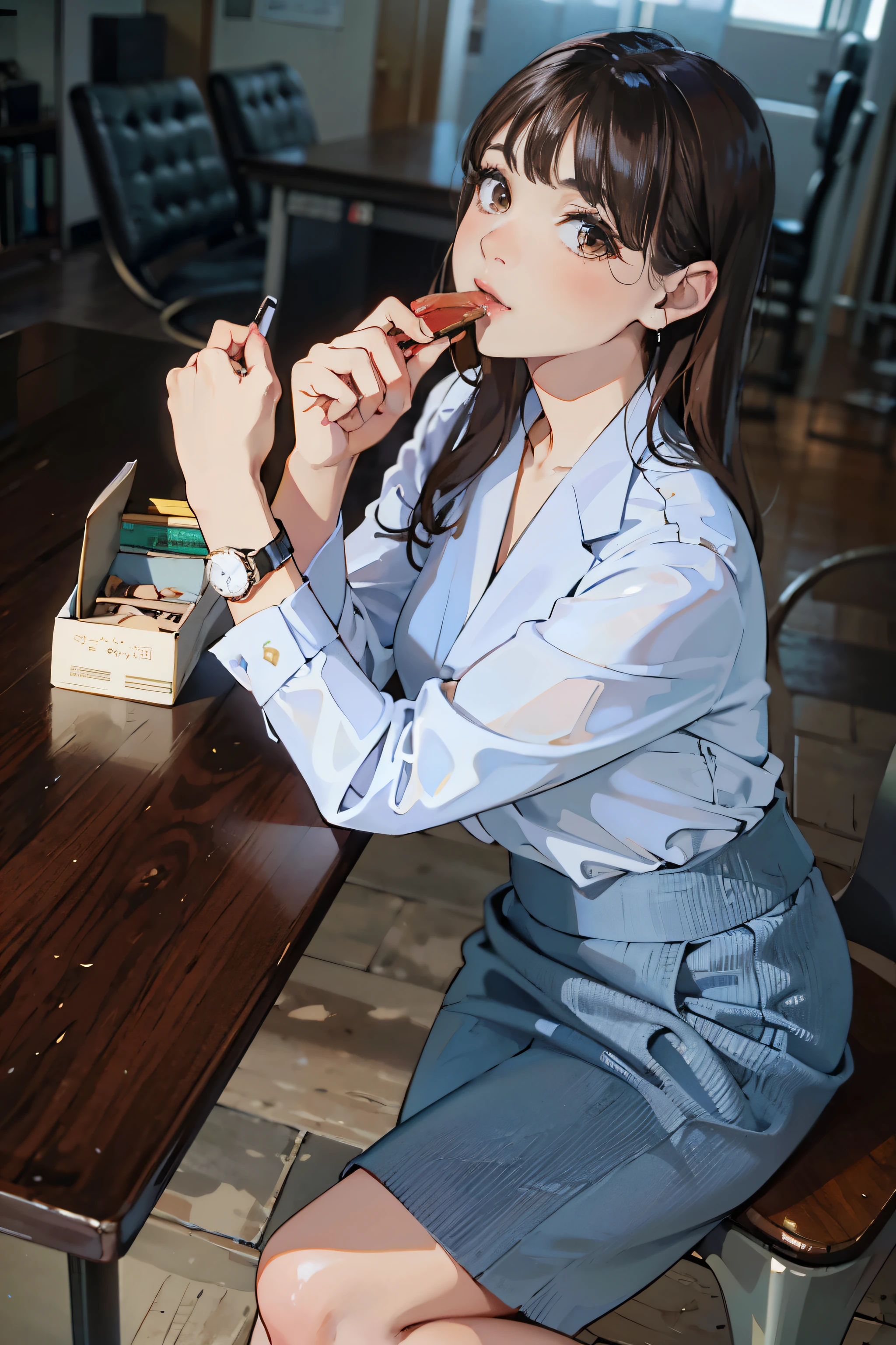 There is a woman sitting at a table brushing her teeth, with a cigar, sakimichan, girl in a suit, wearing a business suit, girl in a suit, Business service, korean female fashion model, wearing a business suit, strict wearing a business suit, business clothes, business woman, gorgeous young korean woman, Sitting at a mocha-colored table, business clothes装