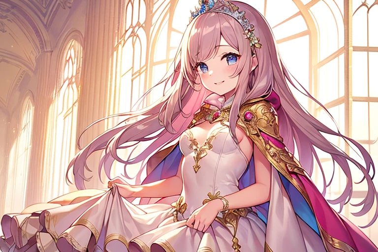 (kawaii),(best quality),(ultra detailed),(rococo style),(long train pastel pink cape:1.15), very long cape,(long train white ball gown with flower decorations:1.1), a girl is wearing a cape over her gown, 1 little princess, tiara, smile, very long hair, small breasts, beautiful detailed eyes, beautiful detailed lips