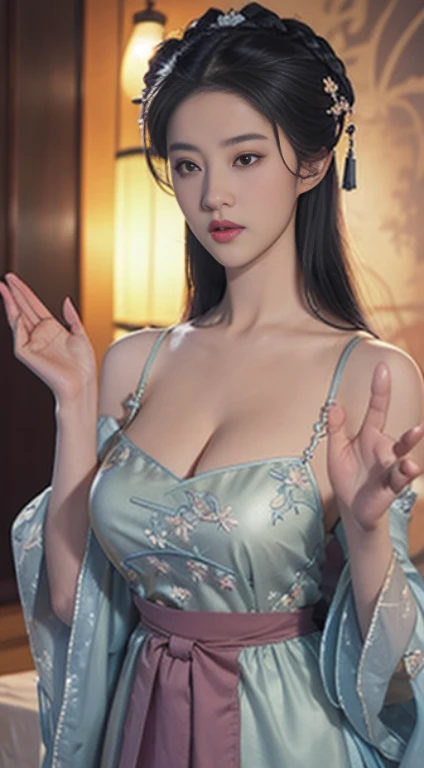 Super detailed,very detailed,best quality,masterpiece,Enlightenment,actual, web rod,Chinese underwear, [[[特写cleavage]]]]Huge long saggy breasts, looking at the audience，cleavage, 1个Giant Breast Girl, alone, long white hair, Half-hammered shark, clavicle, diaphragm, hanfu, shirt, , Chinese clothes, skirt, long sleeve,wide sleeves, skirt,camisole, jewelry,hair accessories, Off the shoulders, shoulder, raise arms, eternal, looking at the audience, Floral fragrance, lantern,indoors, fail, blurred background, photo background,