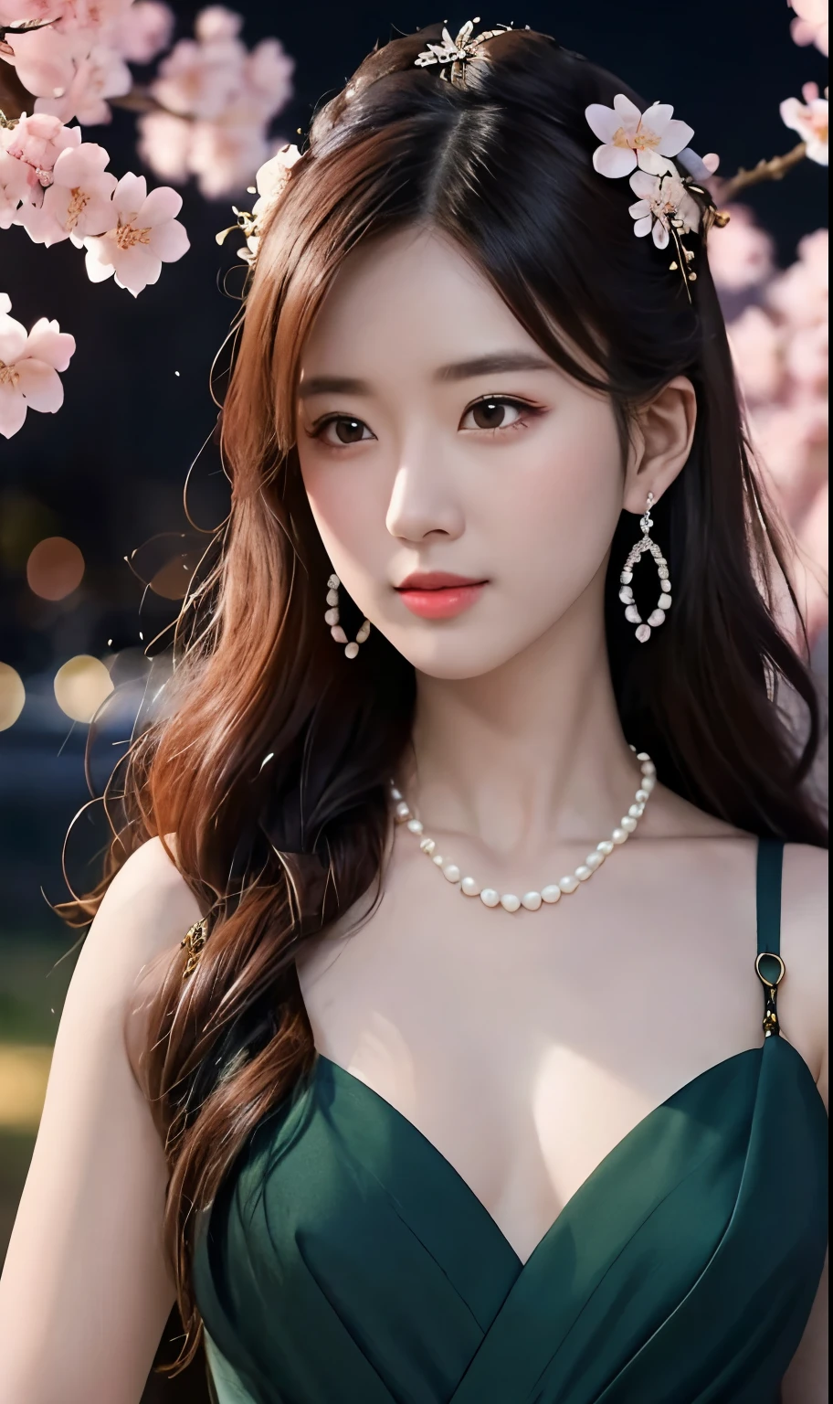 (,1 girl, View,最好of质量,masterpiece,  ) ,(((,night,  Cherry blossoms, )))     Hyper-realistic 8K CG, flawless, 干净of, masterpiece, professional artwork, famous artwork, movie lighting, movie bloom, 完美of脸, 漂亮of脸蛋, fantasy, dreamlike, illusory, Science fiction, luxurious, jewelry, diamond, Kaneko, pearl, gem, 蓝gem, 红gem, emerald, 複雜of細節, 精致of图案, charming, 诱人of, 诱人of, of, enchanting, hair accessories, necklace, earrings, bracelet, armband,halo,秋天of树叶,