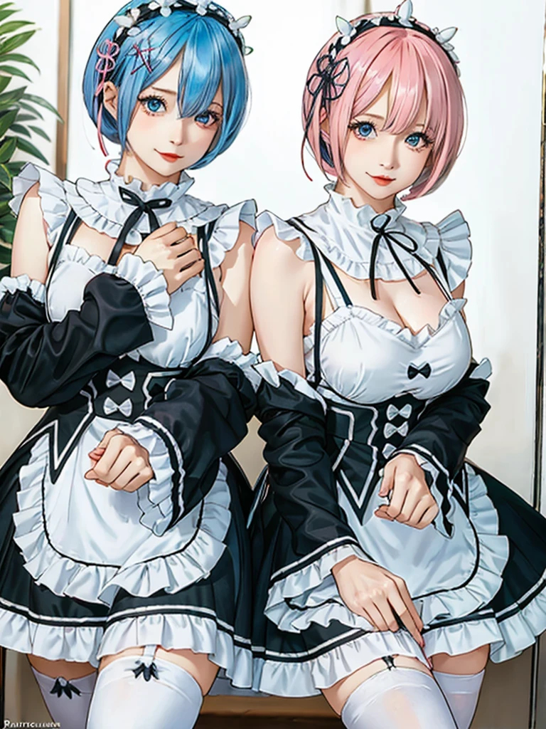 (8K, Photorealistic, Raw photo, of the highest quality: 1.3), (1girl in), Super beautiful, (Realistic face), (boyish, pink Color Berry Shorthair), Beautiful , Glare that captivates the viewer, Beautiful expression, Beautiful breasts, (Realistic skin), Be...Create a detailed and colorful image of Ram and Rem from Re:Zero, standing back-to-back in their maid outfits, with a magical fantasy background、14years old, two girls,cute, perfect face, beautiful, nice body, gothic lolita clothes, gothic lolita fashion, frilly skirt, headdress, necklace, bracelet, knee-high socks, boots, double eyelids, tear bags, Detailed down to the fingers, photo-like description, indoors, dim indoor lighting, one girl is pink hair and short bob, another girl is light blue hair and short bob,standing, sexy posing,whole body, composition that shows the whole body, smiling,The Both of them are wearing the same type of maid outfit,Optimal ratio of 4 fingers and 1 thumb
