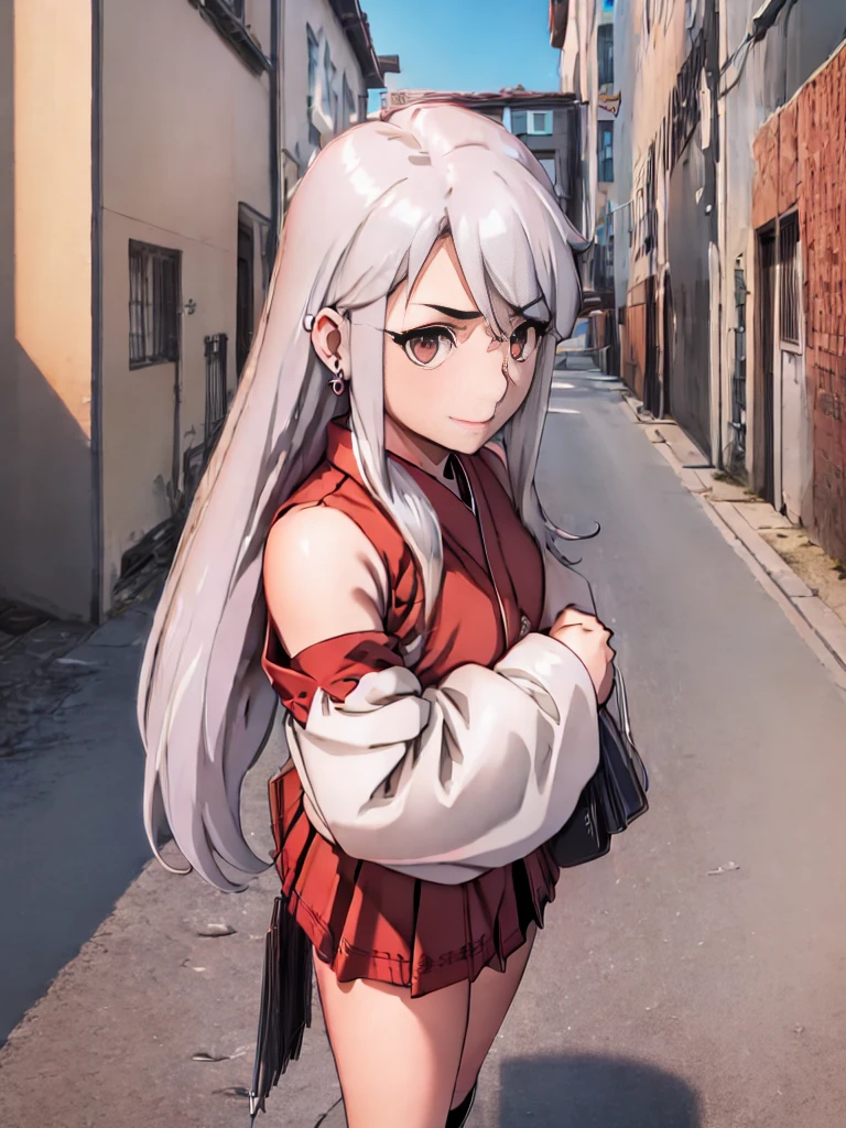 cartoon, sukeban illyasviel_von_einzbern, mature_female, silver hair, holding yoyo, combat pose, full body, flowing hair, hair between the eyes, asymmetrical hair, red eyes, delicate facial features, sukeban deka clothe, looking_at_viewer, outdoors, background tokyo, ((solo girl:1,5))+++++,woman in a 80's sukeban seifuku standing on a set of strees, black , 80's japanese sukeban photo, sukeban seifuku,  80's japan, sukeban, long black skirt, red converse, full body, light skin tone female, full body, tape, arm_support, gloves, red_gloves, bridal gauntlets, blackred_footwear, fighter outfit, full body, hourglass, mature face, cheeky smile, cheeky face, wrinkles,( silver long hair, earrings, ear piercings), (fighting art, Martial arts, standing, fighting_stance, fight, fighting), extra colors, 2D, megapixel, perfectionism, accent lighting, full HD , 4K, masterpiece, empty red eyes,  extra colors, 2D, megapixel, perfectionism, accent lighting, full HD , (Masterpiece:1.2), (full-body-shot:1),(cowboy shot:1.2), (Highly detailed:1.2),(anime Detailed Face:1.2), Colorful, A detailed eye, (Detailed landscape:1.2), (natural lighting:1.2), ((sukeban school teacher)) by Vincent Di Fate: Aidyllery, Anamorphic Shot, rule of thirds, face by Artgerm and WLOP, ((street of rage 4 city backround)), fictive city backround in the style art of street of rage 4,