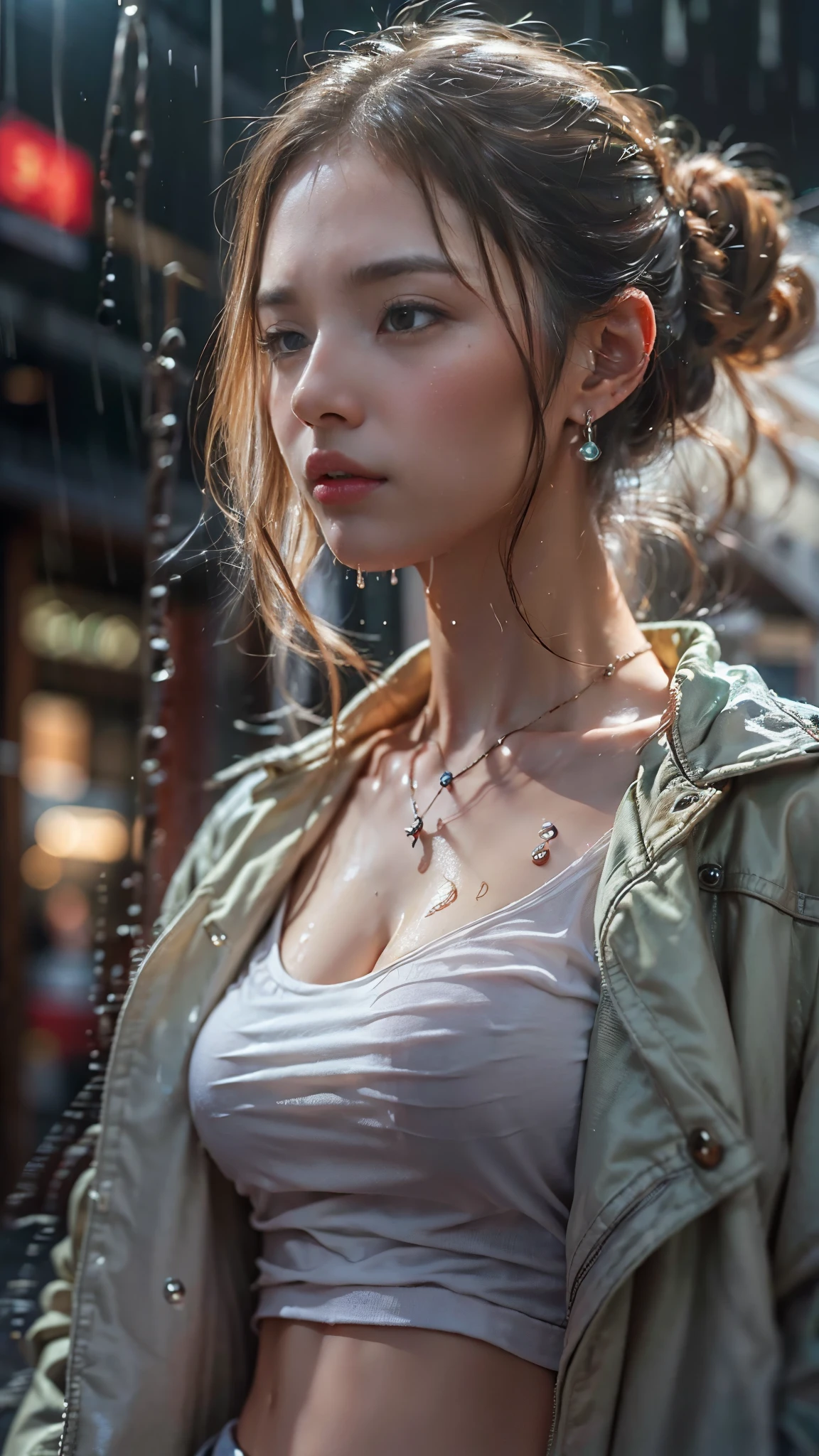 ((Low - Angle撮影:1.5)), (Photoreal:1.3, 8K, highest quality:1.3, masterpiece, ultra high resolution), ((Typhoon heavy rain)), Highly detailed skin and facial textures:1.3, perfect dynamic composition:1.2, (In front of the supermarket at night, modern city, expression of sadness:0.7), Tears are flowing:0.7, cry with a broken heart:0.7, low_angle_human:1.2, Low - Angle, Fair skin:1.2, sexy beauty:1.1, perfect style:1.2, beautiful and aesthetic:1.1, very beautiful face:1.2, water droplets on the skin, (rain drips all over my body:1.2, wet body:1.2, wet hair:1.3), (Holding a wet shopping bag:1.2, Wearing wet casual clothes:1.35), (Medium chest, Bra is sheer, Chest gap),  (Big eyes that exude beautiful eroticism:0.8, Lips that exude beautiful eroticism:0.8, adult charm:0.8, Bewitching:0.8), cowboy shot, necklace, earrings, bracelet, wedding ring, Highly detailed and accurate hand and finger representation