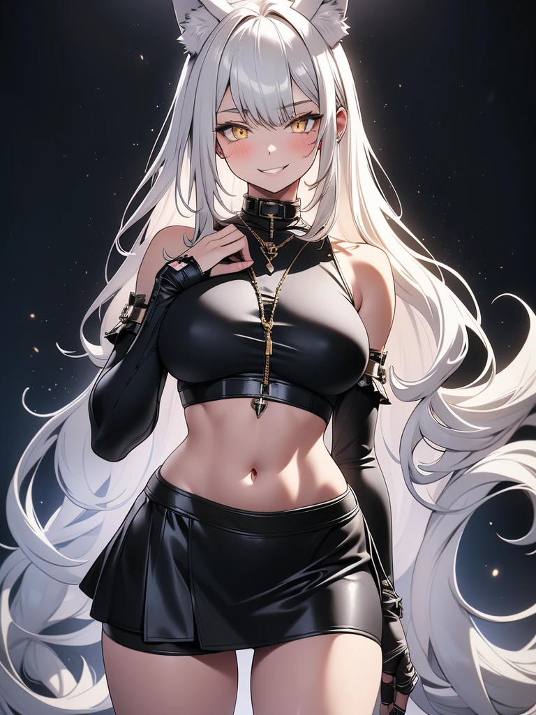 8K, Full body portrait, tall girl, single beautiful young woman, especially detailed face, masterpiece, wallpaper, highlydetailed face, ultra-detailed face, beautiful and aesthetic wolf tailed girl, athletic body, pale white skin, big breasts, curvy, busty, big ass, hourglass figure, long hair, gray-silver hair, a cute wolf young woman, wolf ears, long wolf tail, fluffy wolf tail, wolf-like irises, beautiful, enchanting, bright yellow eyes, detailed eyes, ultra-detailed eyes, accurate eyes, detailed irises, correct body proportions, elegant, small vertical scar under right eye, small rosy lips, big breasts, slender elegant arms, pretty hands, detailed hands, charming, slight blush, shy smile, black edgpshorts with stylish metal chains and a black top, detached sleeves, light black armor, armored long bike shorts and skirt on top of them, two piece outfit, black armored fur cloack, black metal armor, silver metallic ornaments, bare off shoulders, toned abs, exposed belly, standing pose, cute pose, black thighigh on left leg, slight shy grin, sole girl