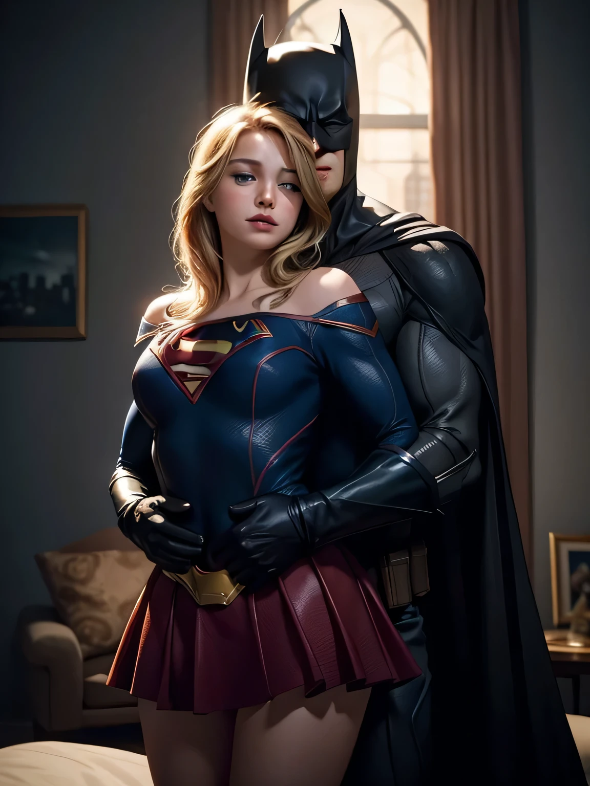 A woman in a red skirt and batman costume standing next to a woman in a