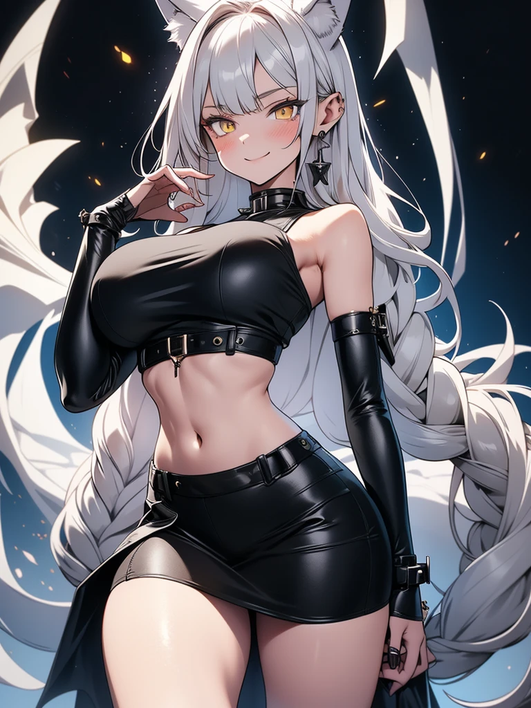 8K, Full body portrait, tall girl, single beautiful young woman, especially detailed face, masterpiece, wallpaper, highlydetailed face, ultra-detailed face, beautiful and aesthetic wolf tailed girl, athletic body, pale white skin, big breasts, curvy, busty, big ass, hourglass figure, long hair, gray-silver hair, a cute wolf young woman, wolf ears, long wolf tail, fluffy wolf tail, wolf-like irises, beautiful, enchanting, bright yellow eyes, detailed eyes, ultra-detailed eyes, accurate eyes, detailed irises, correct body proportions, elegant, small vertical scar under right eye, small rosy lips, big breasts, slender elegant arms, pretty hands, detailed hands, charming, slight blush, shy smile, black edgpshorts with stylish metal chains and a black top, detached sleeves, light black armor, armored long bike shorts and skirt on top of them, two piece outfit, black armored fur cloack, black metal armor, silver metallic ornaments, bare off shoulders, toned abs, exposed belly, standing pose, cute pose, black thighigh on left leg, slight shy grin, sole girl