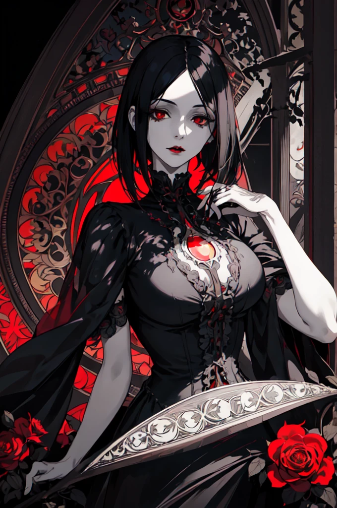 Basic Art Nouveau，Vampire woman with black hair and red eyes，short hair，（upper body portrait），young，(((Oval face)))，dark clothes，Soft and melancholy face，Beautifully，No wrinkles，gothic style，Synthwave meets Art Nouveau，Bold and smooth lines，Dynamic composition of organic Art Nouveau patterns，Intricate roses and patterns intertwined with geometric shapes，Characters that embody vampires Mysterious Gothic atmosphere，calm expression，Art Nouveau pattern dress，Digital grid landscape with natural forms，Neon-like outline effect reminiscent of stained glass，White background，high contrast，Easy to color，Visual clarity，French Art Nouveau，80s vaporwave art style。Maximum details，