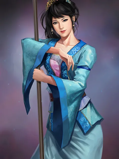 Arav woman in a blue dress holds a pole with a heart, inspired by trees, beautiful figure painting, Inspired by Zhu Lian, Inspir...