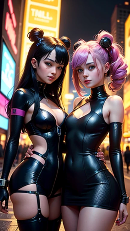 masterpiece, best quality, 2 ((smiling)) cyberpunk girls standing together, Harajuku-inspired cyberpunk body harness, bold colors and patterns, eye-catching accessories, trendy and innovative hairstyle, dazzling Cyberpunk cityscape, skyscrapers, glowing neon signs, LED lights, anime illustration, detailed skin texture, detailed cloth texture, beautiful detailed face, intricate details, ultra detailed, cinematic lighting, strong contrast.