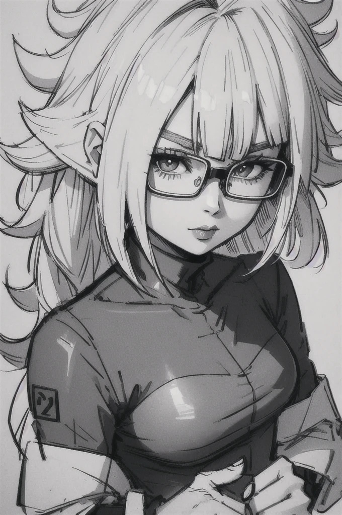 1girl, Android 21, glasses, solo, monochrome, greyscale, long hair, portrait, turtleneck, closed mouth, bangs, looking at viewer, blunt bangs, sketch, graphite \(medium\), lips, hatching \(texture\)