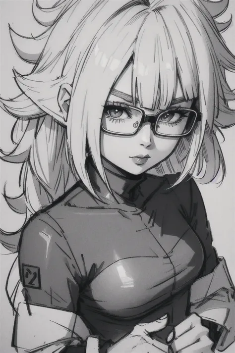 1girl, android 21, glasses, solo, monochrome, greyscale, long hair, portrait, turtleneck, closed mouth, bangs, looking at viewer...