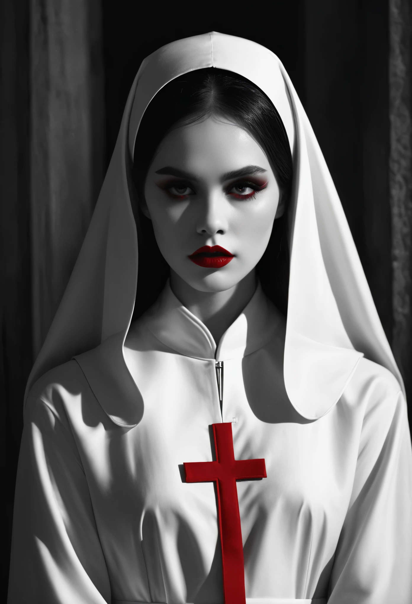 (masterpiece, top quality, 8k, best quality, official art, beautiful and aesthetic:1.2),  closed church, Sisters' robes, ,description of a nun, fear, Gothic, Red accent on black and white, red lips, 수녀뒤에 서있는 검은 devil 형상, devil, The Exorcist, exorcism, Ectoplasma