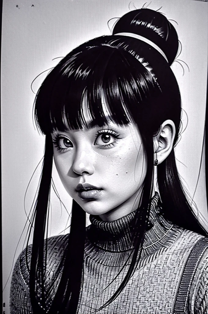 1girl, chichi, serious face,solo, monochrome, greyscale, long hair, portrait, turtleneck, closed mouth, bangs, looking at viewer, blunt bangs, sketch, graphite \(medium\), lips, hatching \(texture\)