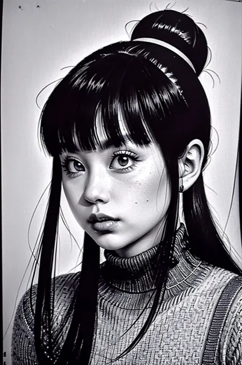 1girl, chichi, serious face,solo, monochrome, greyscale, long hair, portrait, turtleneck, closed mouth, bangs, looking at viewer...