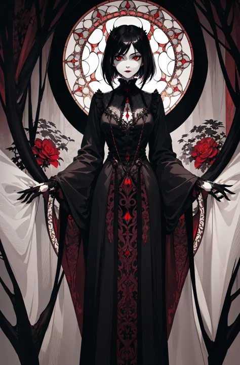 Basic Art Nouveau，Vampire Girl，perfect face，young，（Oval face），dark clothes，Soft and sad face，Exquisite，No wrinkles，gothic style，symmetry，black hair，red eye，short hair，A mix of synthwave and art nouveau，Bold and smooth lines，Dynamic composition of organic a...