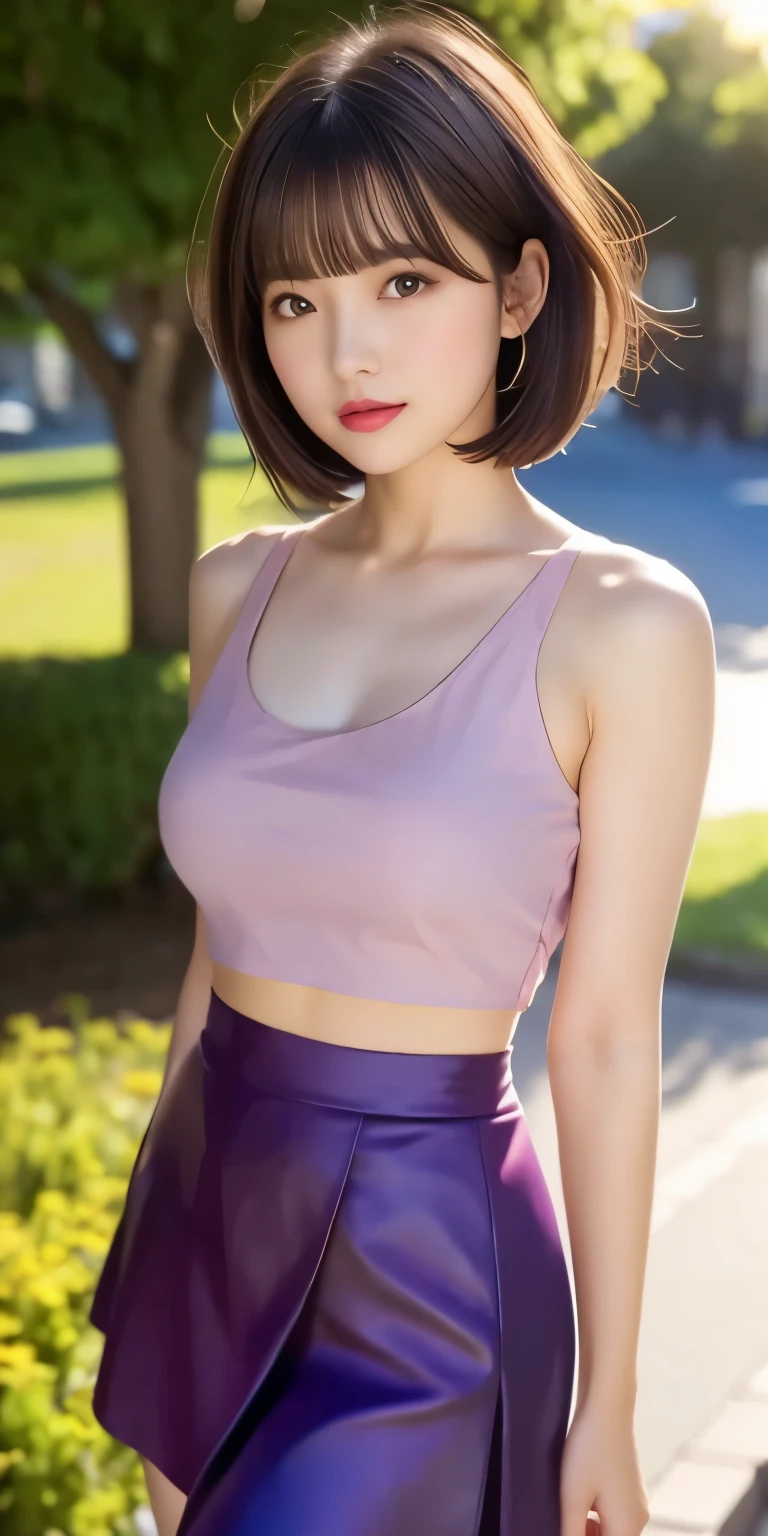 realistic, 1 girl, medium bob:1.3, dark brown hair, shining eyes, crop top, skirt, parted lips, blush, night, flowers, sun, sunlight,