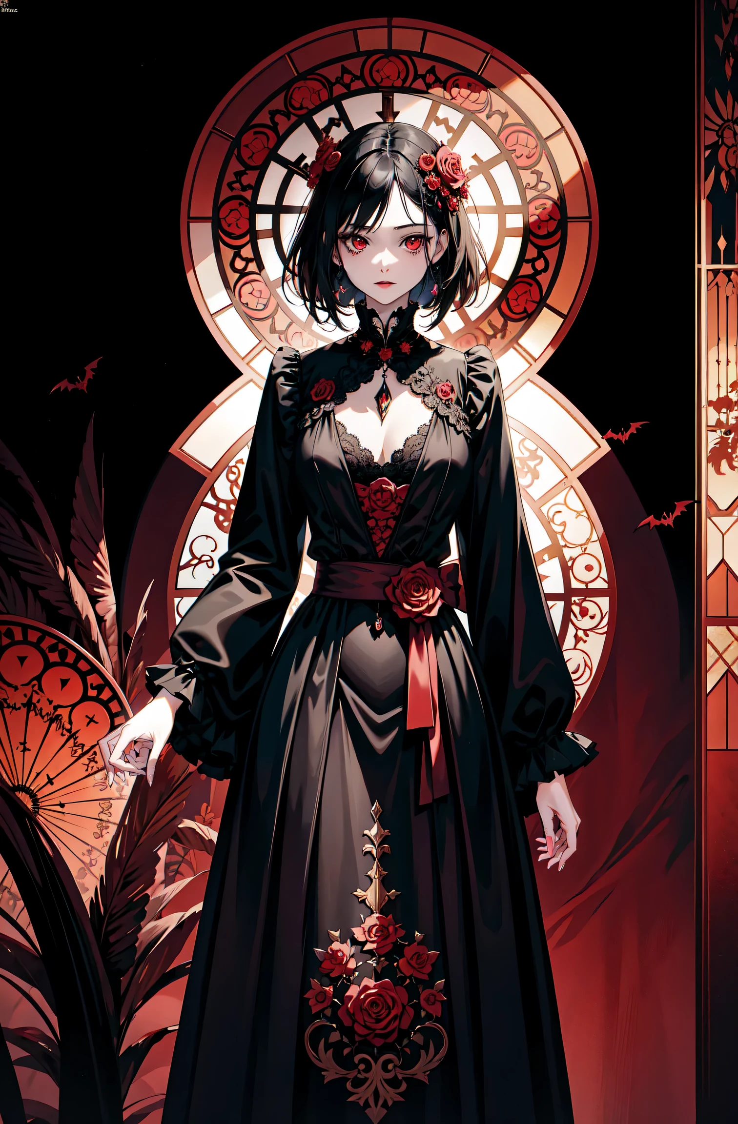 Basic Art Nouveau，Vampire Girl，perfect face，young，（Oval face），dark clothes，Soft and sad face，Exquisite，No wrinkles，gothic style，symmetry，black hair，red eye，short hair，A mix of synthwave and art nouveau，Bold and smooth lines，Dynamic composition of organic art nouveau patterns，Interesting roses and patterns interwoven with geometric shapes，Reflected vampire character，With a mysterious and gothic atmosphere。The dress features an Art Nouveau pattern and a natural grid landscape。The neon-like outline effect calls attention to the stained glass，White background、high contrast、Easy to color、Visual clarity、French Art Nouveau and 80s Vaporwave art style minimalist details