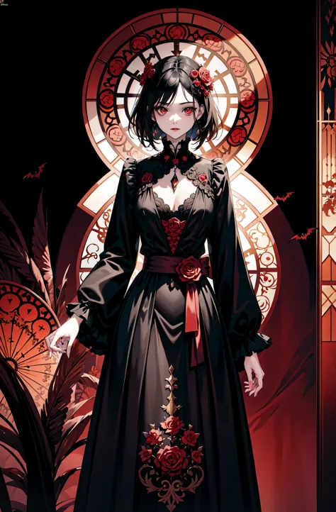 Basic Art Nouveau，Vampire Girl，perfect face，young，（Oval face），dark clothes，Soft and sad face，Exquisite，No wrinkles，gothic style，symmetry，black hair，red eye，short hair，A mix of synthwave and art nouveau，Bold and smooth lines，Dynamic composition of organic a...