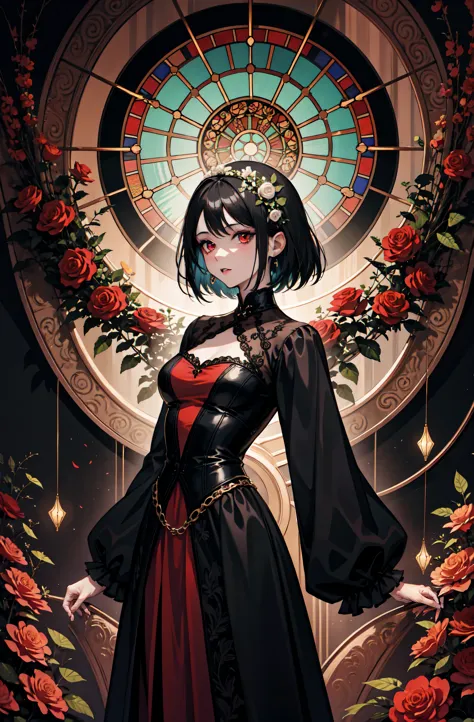 Basic Art Nouveau，Vampire Girl，young，（Oval face），dark clothes，Soft and sad face，Exquisite，No wrinkles，gothic style，symmetry，black hair，red eye，short hair，A mix of synthwave and art nouveau，Bold and smooth lines，Dynamic composition of organic art nouveau pa...