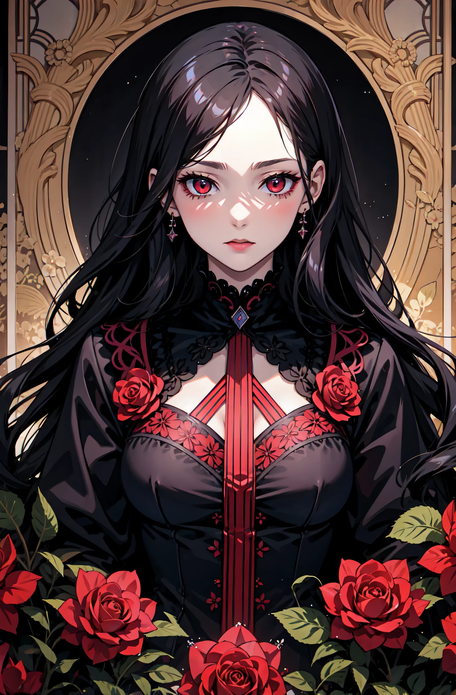 Basic Art Nouveau，Vampire Girl，young，（Oval face），dark clothes，Soft and sad face，Exquisite，No wrinkles，gothic style，symmetry，black hair，red eye，short hair，A mix of synthwave and art nouveau，Bold and smooth lines，Dynamic composition of organic art nouveau patterns，Interesting roses and patterns interwoven with geometric shapes，Reflected vampire character，With a mysterious and gothic atmosphere。The dress features an Art Nouveau pattern and a natural grid landscape。The neon-like outline effect calls attention to the stained glass，White background、high contrast、Easy to color、Visual clarity、French Art Nouveau and 80s Vaporwave art style minimalist details