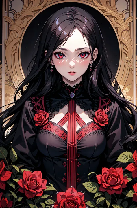 Basic Art Nouveau，Vampire Girl，young，（Oval face），dark clothes，Soft and sad face，Exquisite，No wrinkles，gothic style，symmetry，black hair，red eye，short hair，A mix of synthwave and art nouveau，Bold and smooth lines，Dynamic composition of organic art nouveau pa...